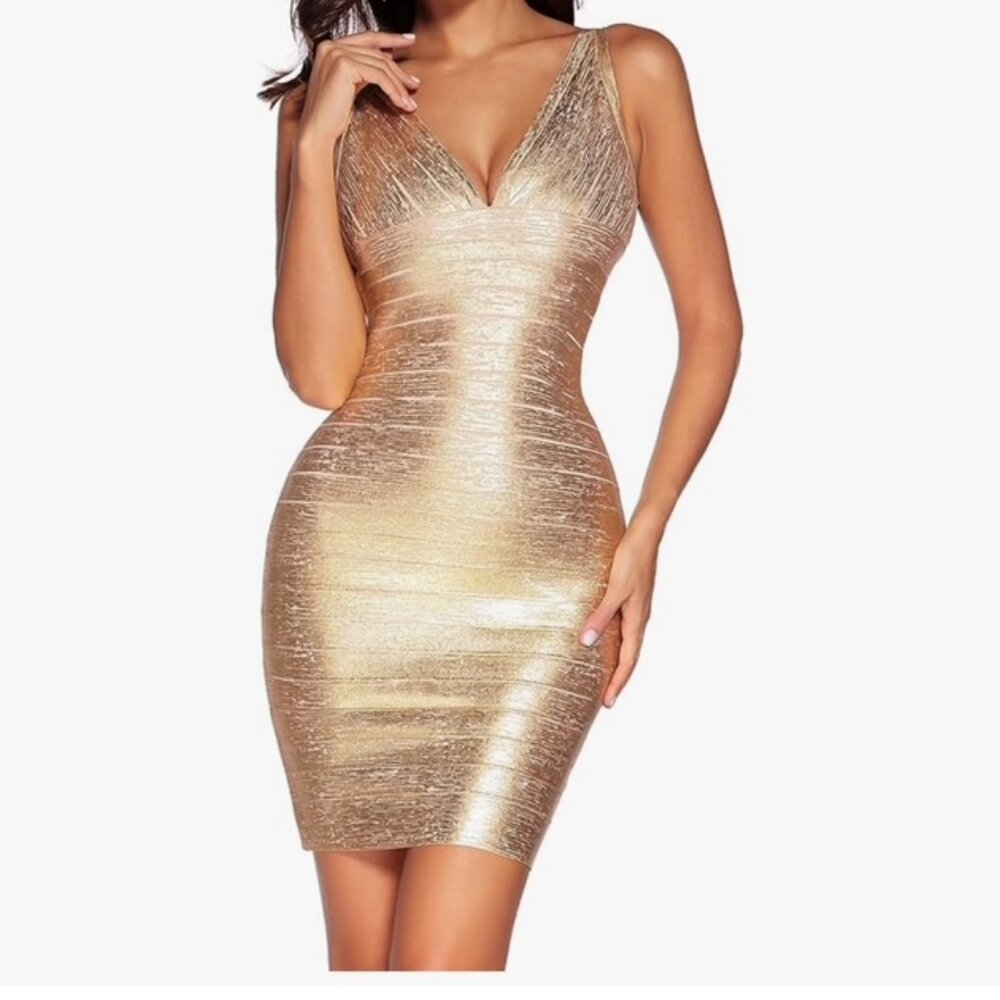 Sexy V-Neck Bandage Bodycon Cocktail Dress for Wedding Guest - Large